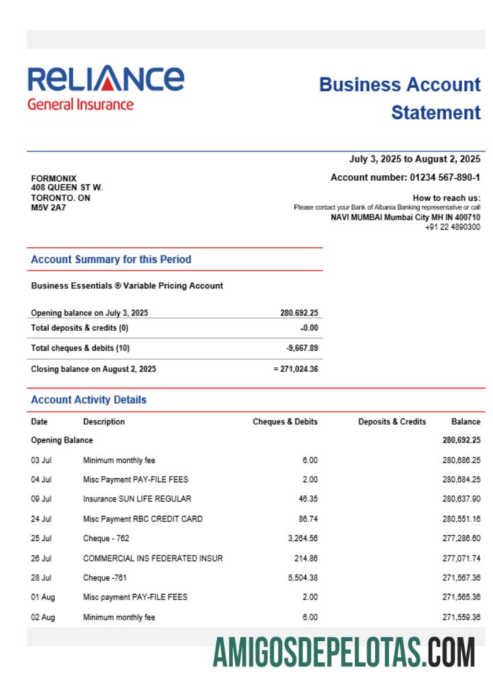 Reliance General Insurance Company Limited Organização Verificação de extrato de conta em formato Word e PDF